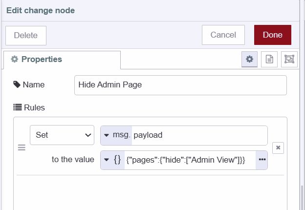 "Screenshot displaying the change node which contains payload to hide admin page"