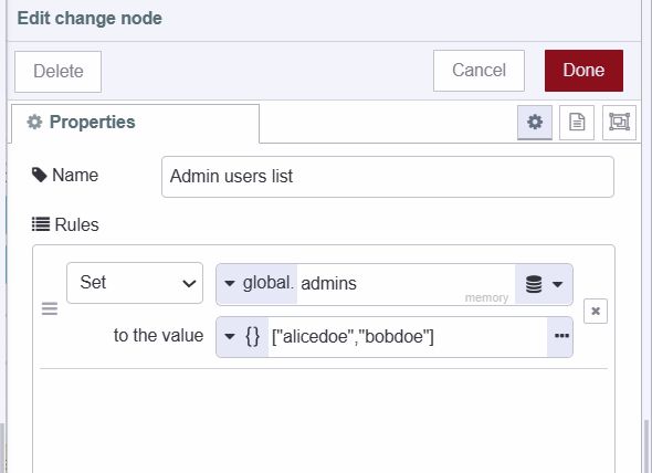 "Screenshot displaying the change node which which stores list of admins username in global context"