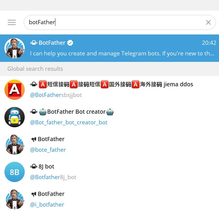 "screenshot displaying searching for botFather bot for creating custom bot"