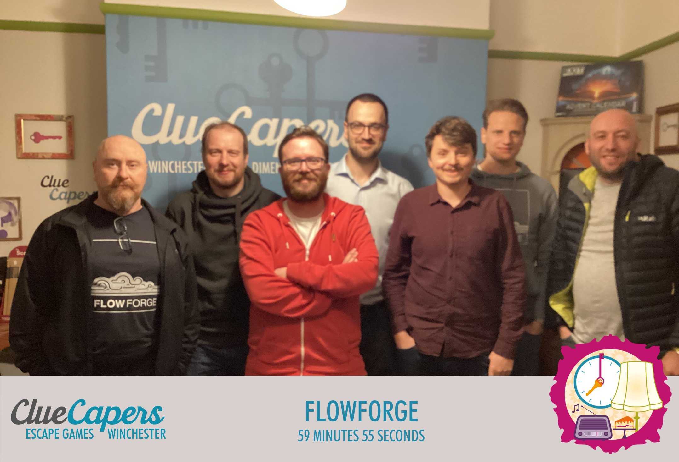 The FlowForge team pictured during our visit to Clue Capers