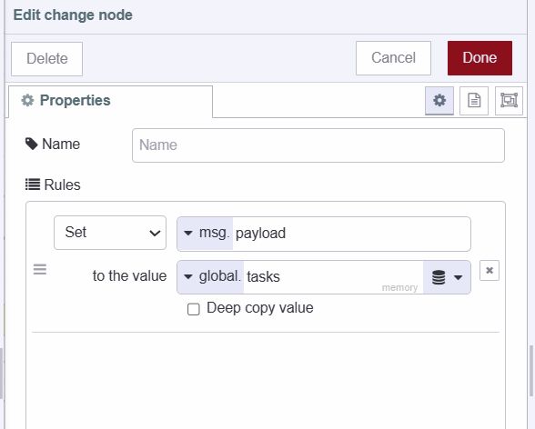 "Screenshot of the change setting retriving global context and setting to msg.payload"
