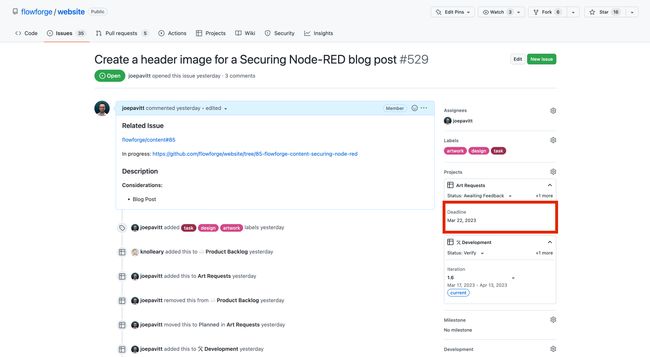Screenshot from GitHub to show where to set the deadline for an Art Request