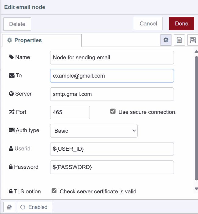 "Screenshot displaying configuration of e-mail node for sending emails"