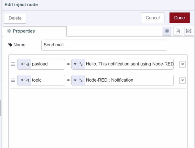 "Screenshot of the inject node setting payload for sending email notification"